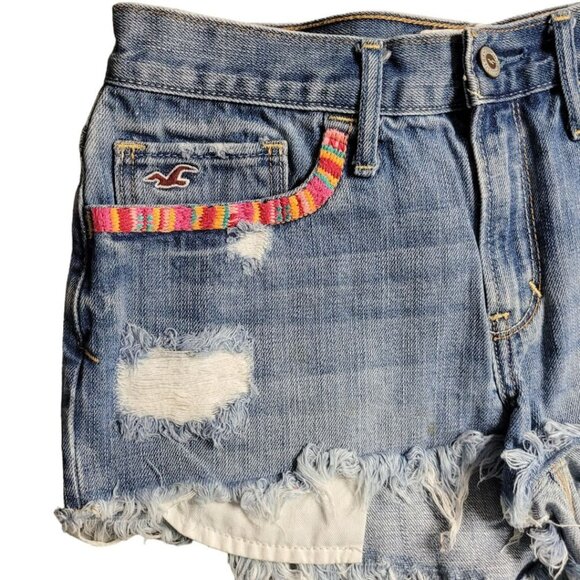 Hollister Embroidered Shorts Booty Colorful Blue Denim Jean Fringe Womens 7 - Picture 2 of 9
